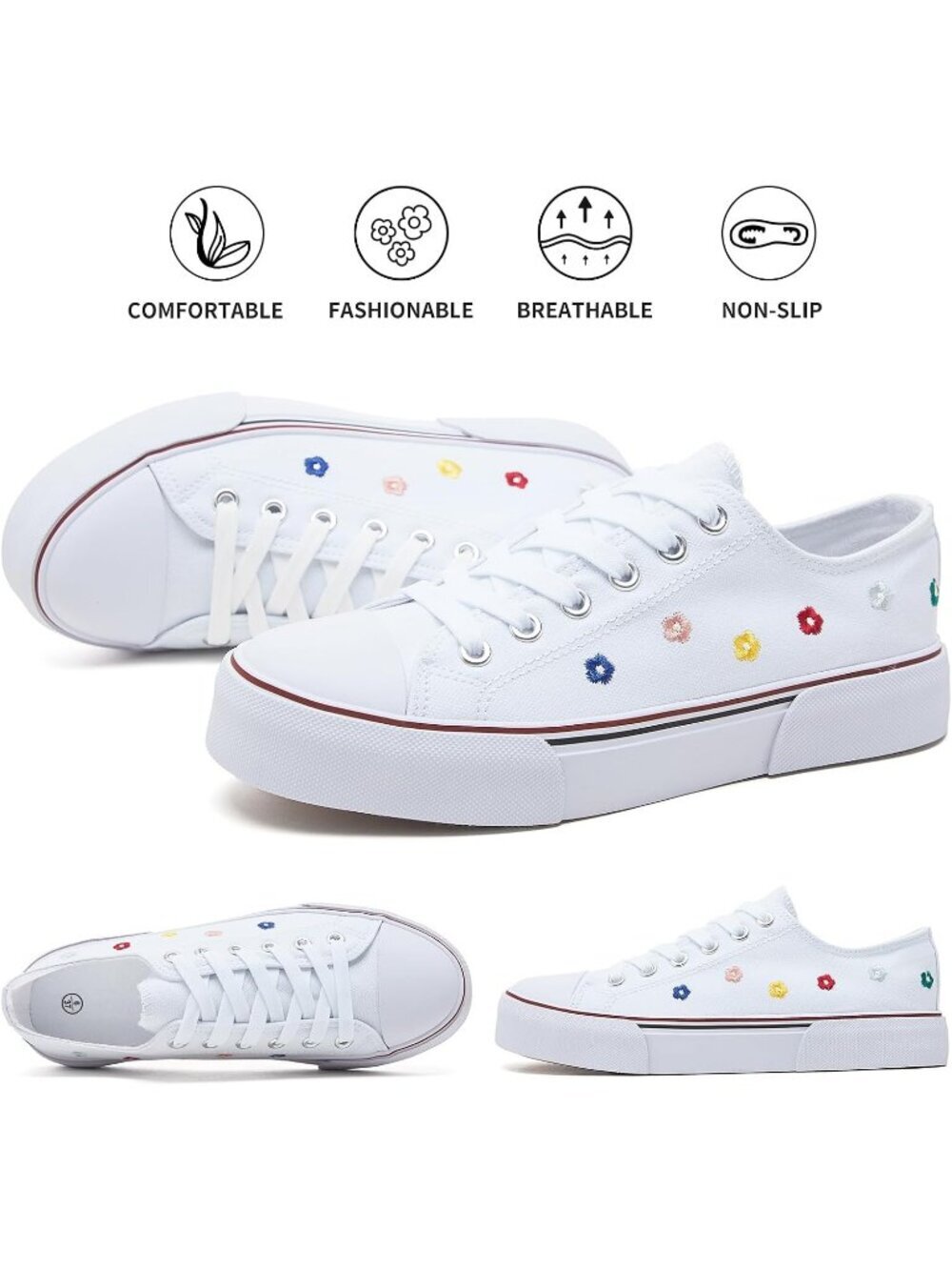 Women's White Embroidery Low Top Canvas Slip on Casual Tennis Fashion Sneaker - Picture 5 of 6